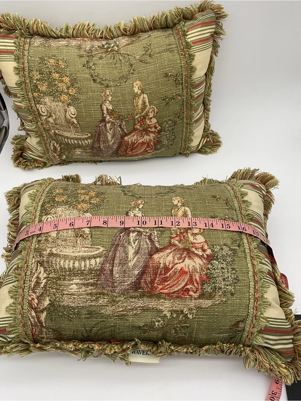 Set of 2 Waverly Savannah Toile Olive and Red Tapestry Fringe Accent Pillow